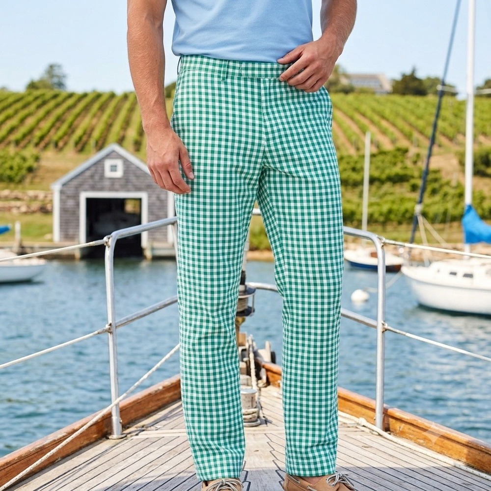 Vineyard Vines Breakers Pant Mens 34x32 Green White Gingham Check Cotton